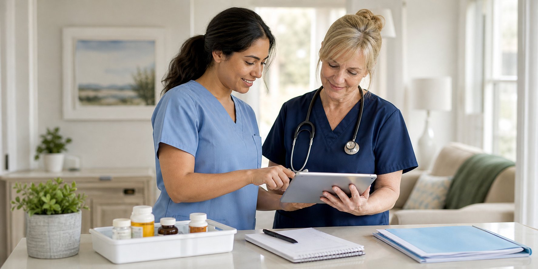 Two nurses reviewing a patient chart on a tablet in a home setting